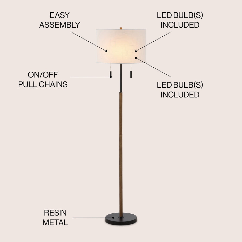 Lampe de sol à LED Koda 61, style rustique, style ferme, avec chandelier en fer et chaînes de traction, finition bois marron/noir, par JONATHAN Y