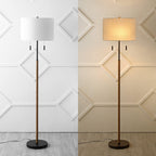 Lampe de sol à LED Koda 61, style rustique, style ferme, avec chandelier en fer et chaînes de traction, finition bois marron/noir, par JONATHAN Y