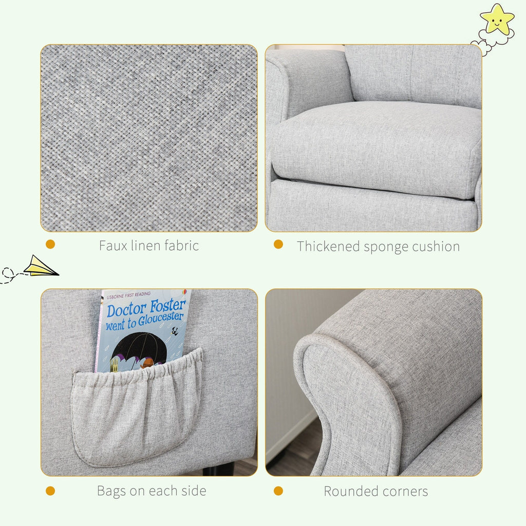 Fauteuil inclinable manuel rembourré gris clair pour enfants de 3 à 5 ans avec repose-pieds et 2 poches latérales