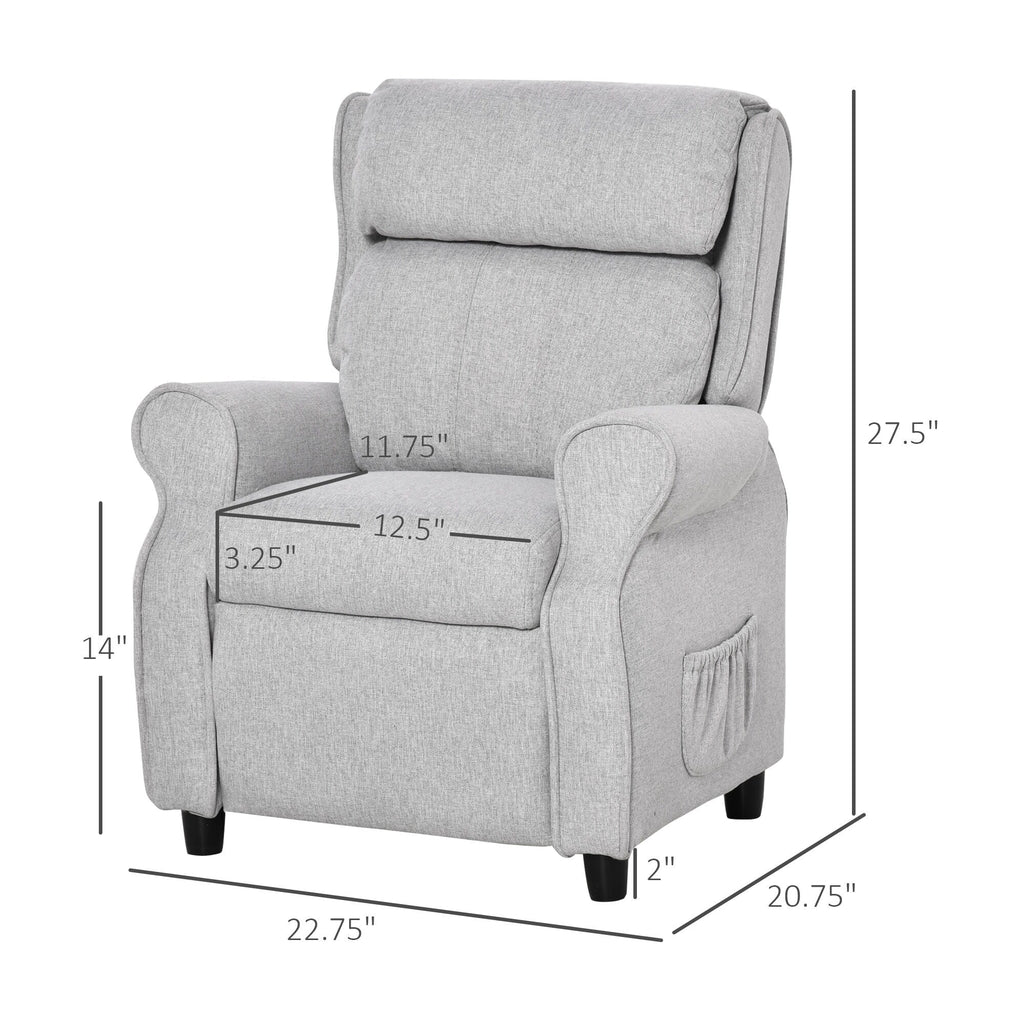 Fauteuil inclinable manuel rembourré gris clair pour enfants de 3 à 5 ans avec repose-pieds et 2 poches latérales