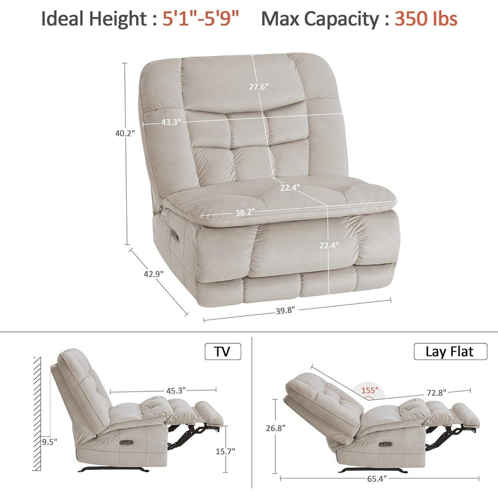 Fauteuil inclinable à bascule électrique surdimensionné MCombo à double moteur, sans accoudoirs, idéal pour le salon, tissu PR607