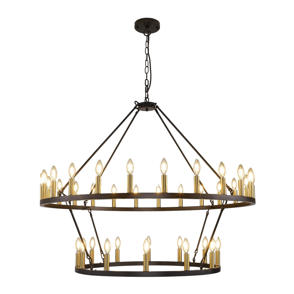 Lustre de ferme moderne à 2 niveaux, lustre rond en forme de roue de chariot, grand plafonnier haut.