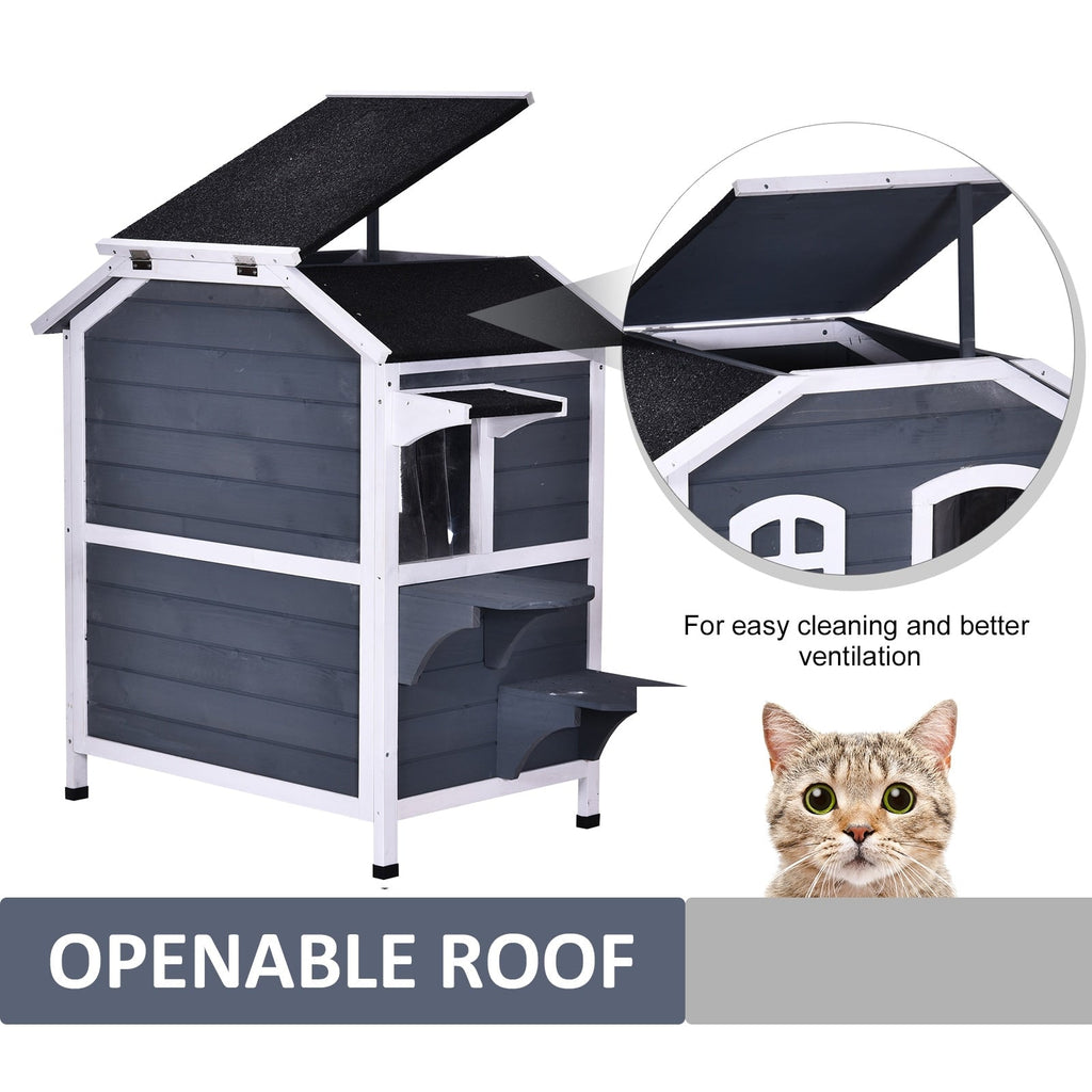 Maison pour chat d'extérieur PawHut en bois de sapin à deux étages, abri pour chats sauvages en bois avec toit en asphalte ouvrable pour intérieur/extérieur, blanc/gris