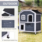 Maison pour chat d'extérieur PawHut en bois de sapin à deux étages, abri pour chats sauvages en bois avec toit en asphalte ouvrable pour intérieur/extérieur, blanc/gris