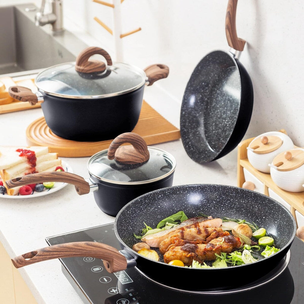 Ensemble de casseroles et poêles antiadhésives, batterie de cuisine en céramique avec motifs, ustensiles de cuisine à induction avec poêles, cocotte avec couvercles