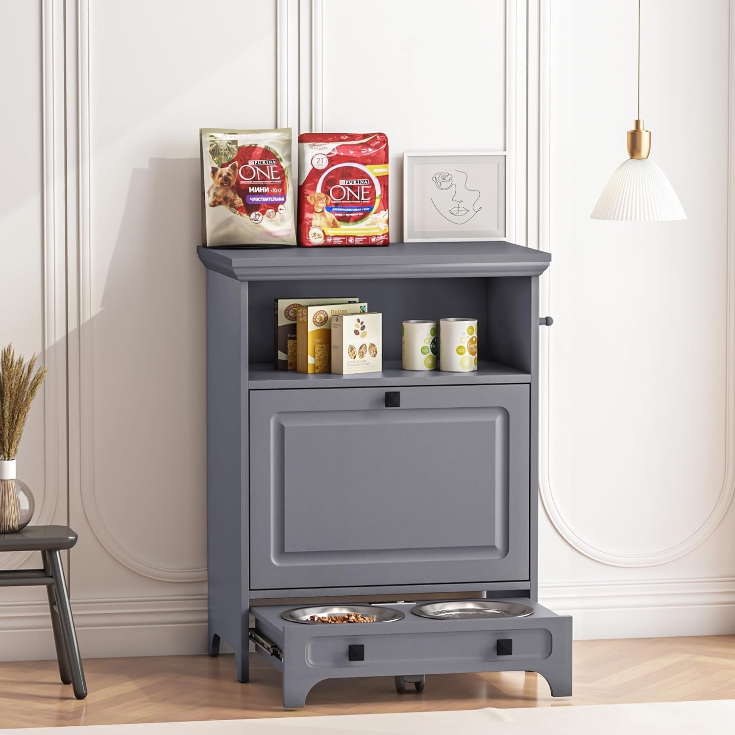 Station d'alimentation pour chiens Roomfitters avec 2 gamelles surélevées et armoire d'alimentation inclinable pour animaux de compagnie