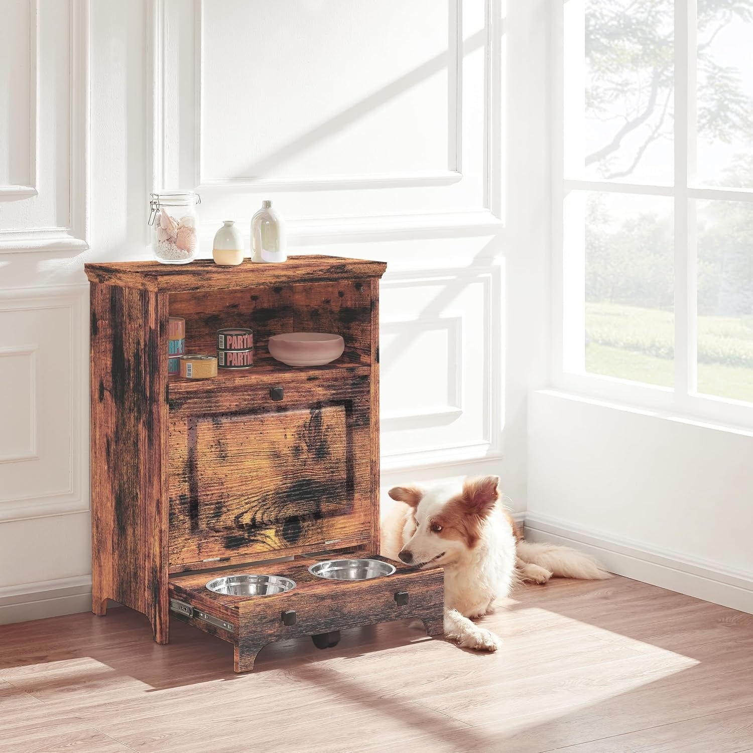 Station d'alimentation pour chiens Roomfitters avec 2 gamelles surélevées et armoire d'alimentation inclinable pour animaux de compagnie